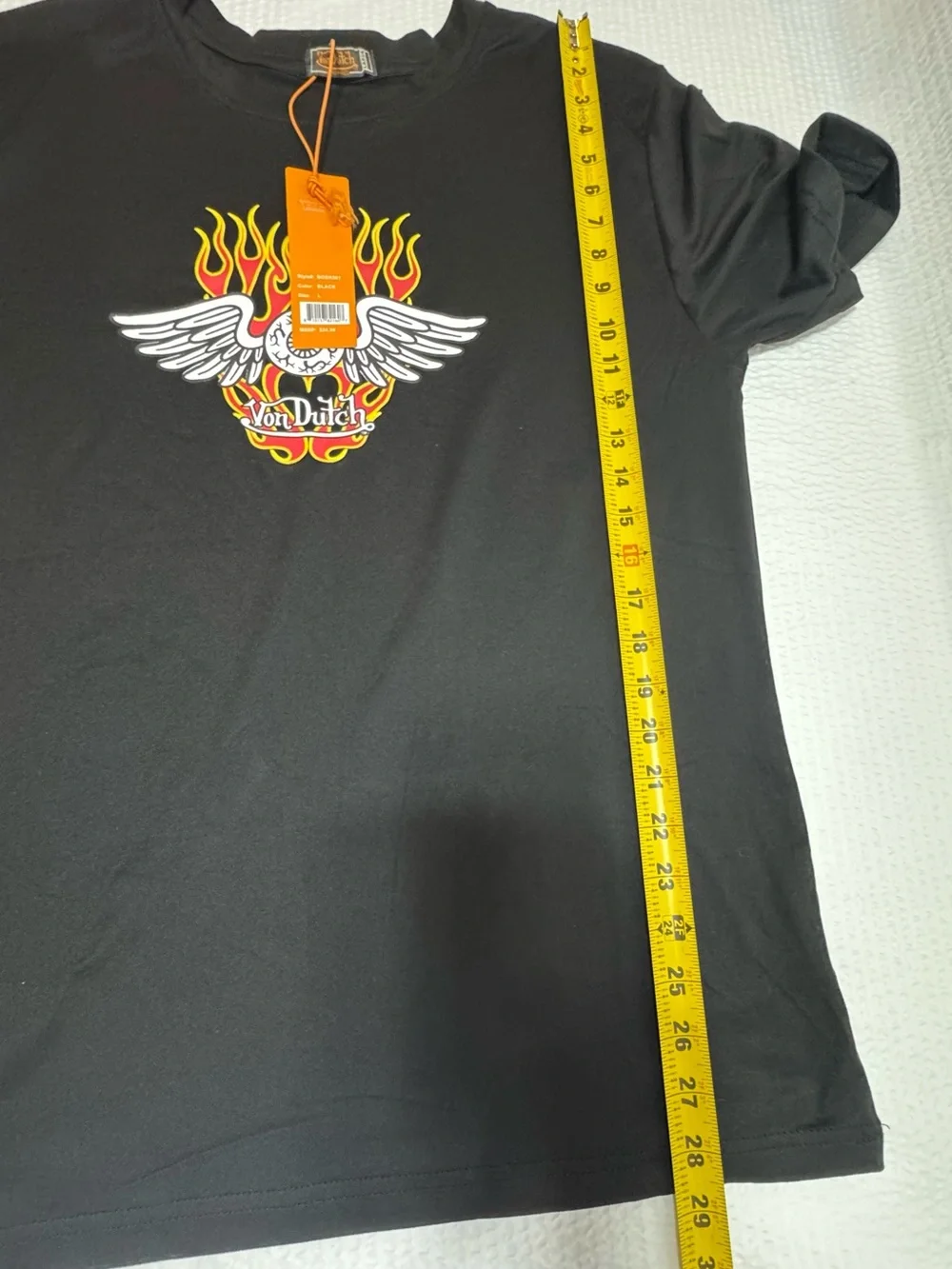 Von Dutch Black Tee with Yellow-Red Flame Wing Graphic